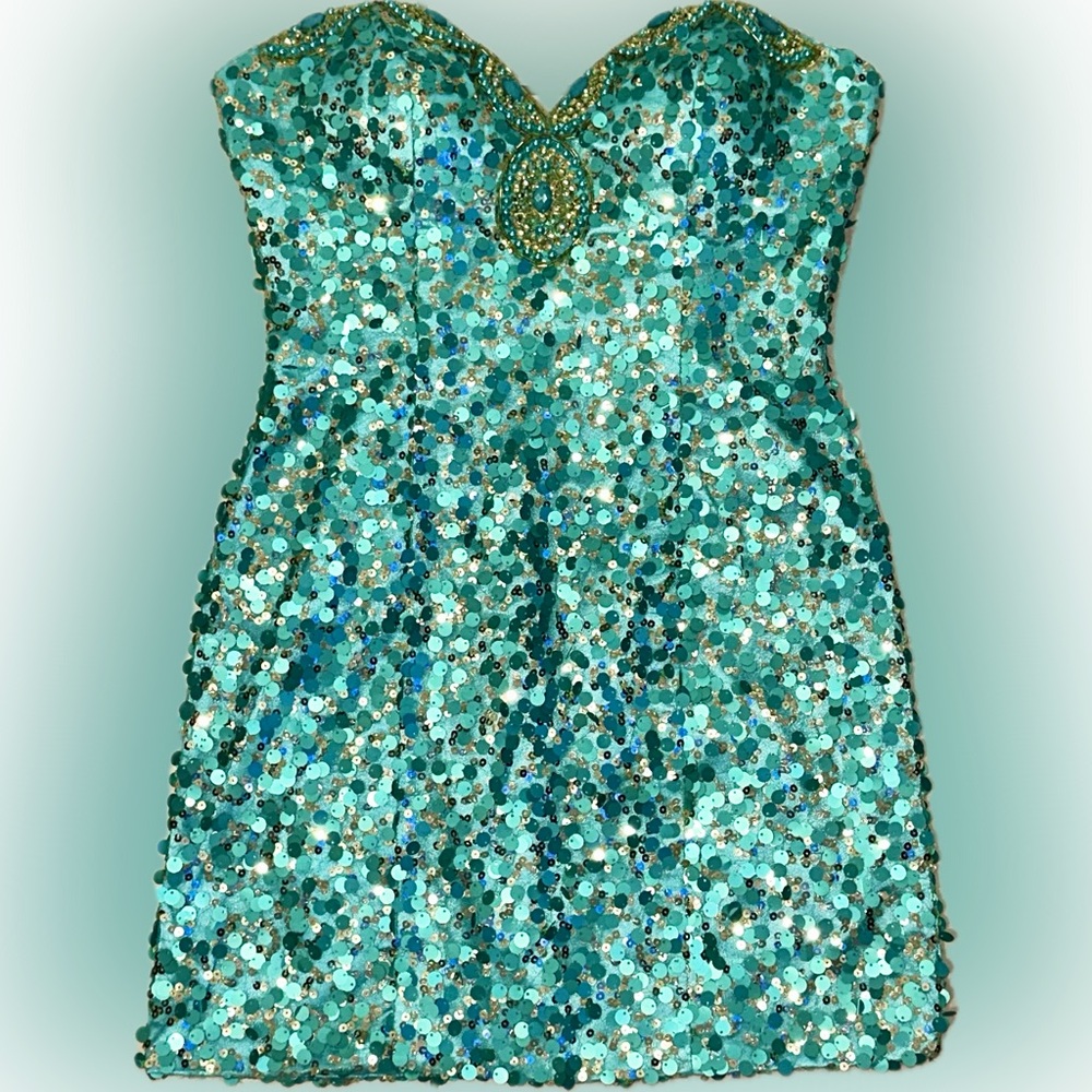 Shimmer by Bari Jay - Glitterati Gold and Turquoise Sequin Mini Dress